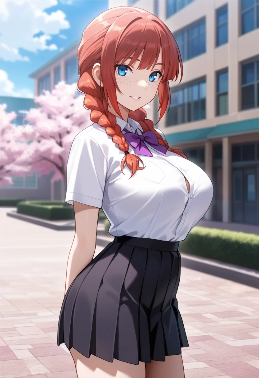 masterpiece, best quality, amazing quality,hanna, blue eyes, red hair, twin braids, long hair, mature female, freckles, solo, 1girl, breasts,large breasts,school uniform,pleated skirt,white shirt, black skirt, purple bow,short sleeves, parted lips, light smile, standing, looking at viewer, cowboy shot, blurry background, outdoors, school, cherry blossoms <lora:hannaV1:0.9>