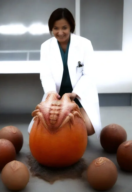 fchgr, blood orange style, xenoegg, view of a group of hatched xenoeggs, xenoeggs made of orange peel, horror theme, green light, space station interior, foggy ground, beautifully lit,
Female Doctor in lab coat with facehugger jumping at her, facehugger, alien facehugger