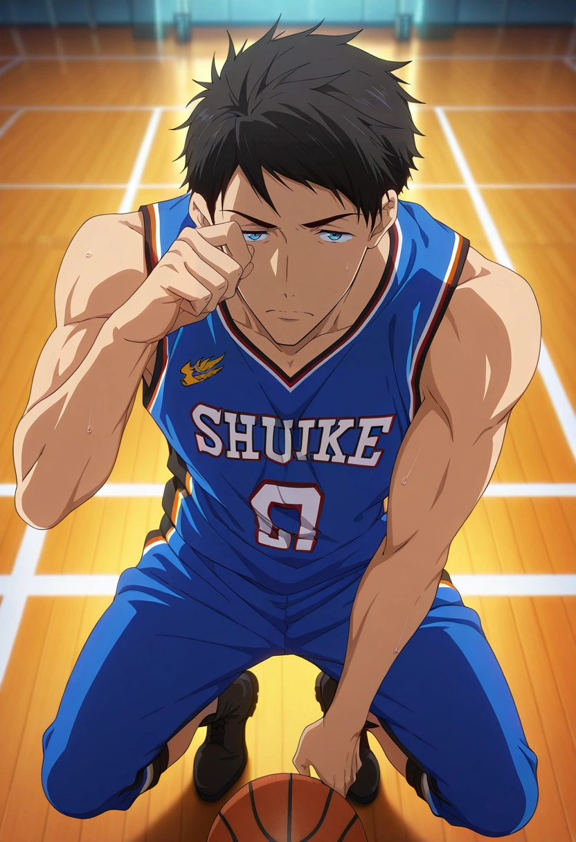 masterpiece, best quality, , anime screencap, anime coloring, official style, looking at viewer, 1boy, solo, male focus, <lora:sousuke_yamazaki_ilxl:0.94>, sousuke_yamazaki, black hair, blue eyes, short hair, rubbing eyes, tired expression, seated pose, low light, Tailored sweatpants, Sleeveless basketball jersey, Boots, ,