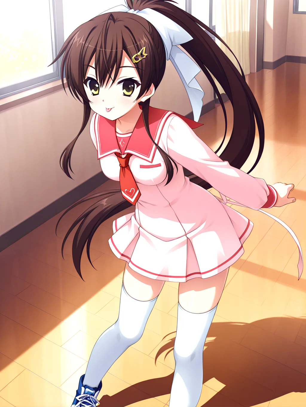 masterpiece,best quality,newest,absurdres,highres,detailed eyes,beautiful,detailed background,solo,perfect eyes,anime coloring,full_shot,anime screencap,
<lora:add-detail-xl:1>,<lora:ponyv4_noob1_2_adamW-000017:0.8>,wear clothes,
1girl,
looking at viewer,standing,(dynamic pose:1.2),:p,school,
<lora:il-aoi-tenshin-sera:1>,il-aoi-tenshin,aoiserafuku,1girl,solo,brown hair,pink dress serafuku,yellow eyes,pink dress skirt,long hair,pink long thin on dress,ponytail,red sailor collar,square bottom necktie,white thighhighs,blue sneakers,