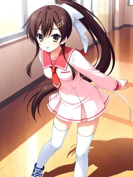 masterpiece,best quality,newest,absurdres,highres,detailed eyes,beautiful,detailed background,solo,perfect eyes,anime coloring,full_shot,anime screencap,
<lora:add-detail-xl:1>,<lora:ponyv4_noob1_2_adamW-000017:0.8>,wear clothes,
1girl,
looking at viewer,standing,(dynamic pose:1.2),:p,school,
<lora:il-aoi-tenshin-sera:1>,il-aoi-tenshin,aoiserafuku,1girl,solo,brown hair,pink dress serafuku,yellow eyes,pink dress skirt,long hair,pink long thin on dress,ponytail,red sailor collar,square bottom necktie,white thighhighs,blue sneakers,