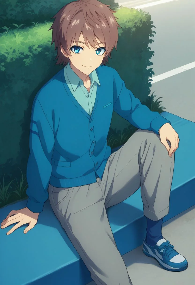 score_9, score_8_up, score_7_up, source_anime, highly detailed,
kaname, solo, brown hair, 1boy, blue eyes, male focus, pants, shirt,
smile, grey pants, blue shirt, collared shirt, cardigan, blue socks, shoes
outdoor, sit,