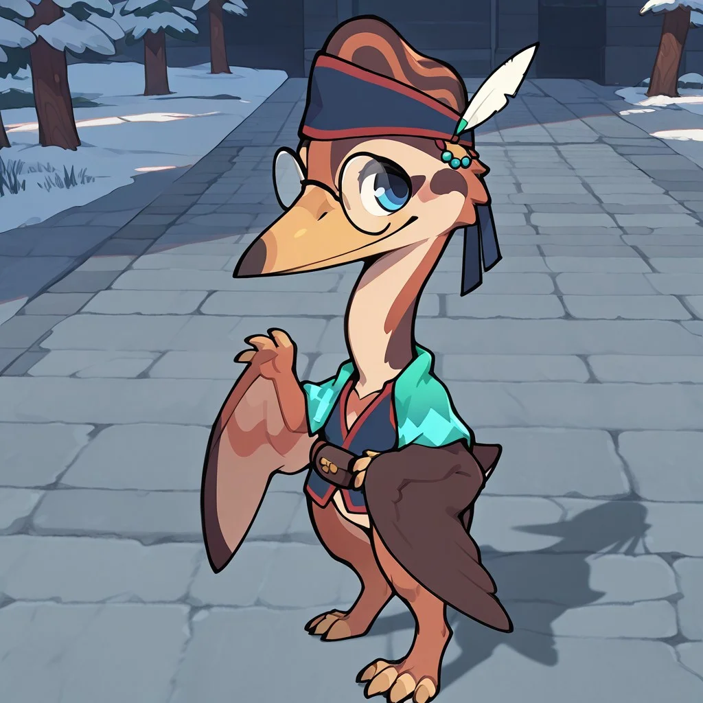 score_9, score_8_up, score_7_up, (solo), 1boy, solo, raptor, scalie, digitigrade legs, wide hips, cute face, Rowan, male, quetzalcoatlus, brown skin, dark yellow beak, blue eyes, membranous wings, winged arms, 3 fingers, 4 toes, glasses, dark blue vest, green cape, waist bag, dark blue headband,