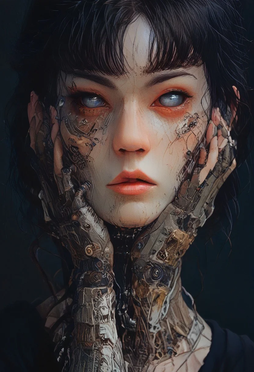 score_9,score_8_up,score_7_up,score_6_up,score_5_up,score_4_up,1 girl, tomie kawakami, solo,female focus,looking at the spectator,(Heart-shaped face, dark blue eyes, plump lips, short bob-cut dark brown hair, 5'6", 125 lbs, medium breasts, narrow waist, slender figure, a star tattoo on the ankle, pale skin, angular jawline, and slightly upturned nose.:1.3),(A gold lace bra paired with a black puffy mini skirt, and finished with bold gold high heels on a platform, featuring exquisite lace designs and a skirt made of rich velvet fabric, providing a luxurious and captivating look.:1.3),(plain contrasting background:1.3),(full-length:1.5),hands,Perfect hand,Perfect feet,Perfect eyes,cyb0rg,science fiction,cable,mechanical parts,<lora:feet v3:1>,<lora:hand 4:1>,<lora:PerfectEyesXL:1>,zPDXL2,zPDXLpg,<lora:cyb0rgXLP:0.8>,<lora:add-detail-xl:1>,<lora:DP-Pony:1>,p33rs,<lora:incase-ilff-v3-4:0.2>,
