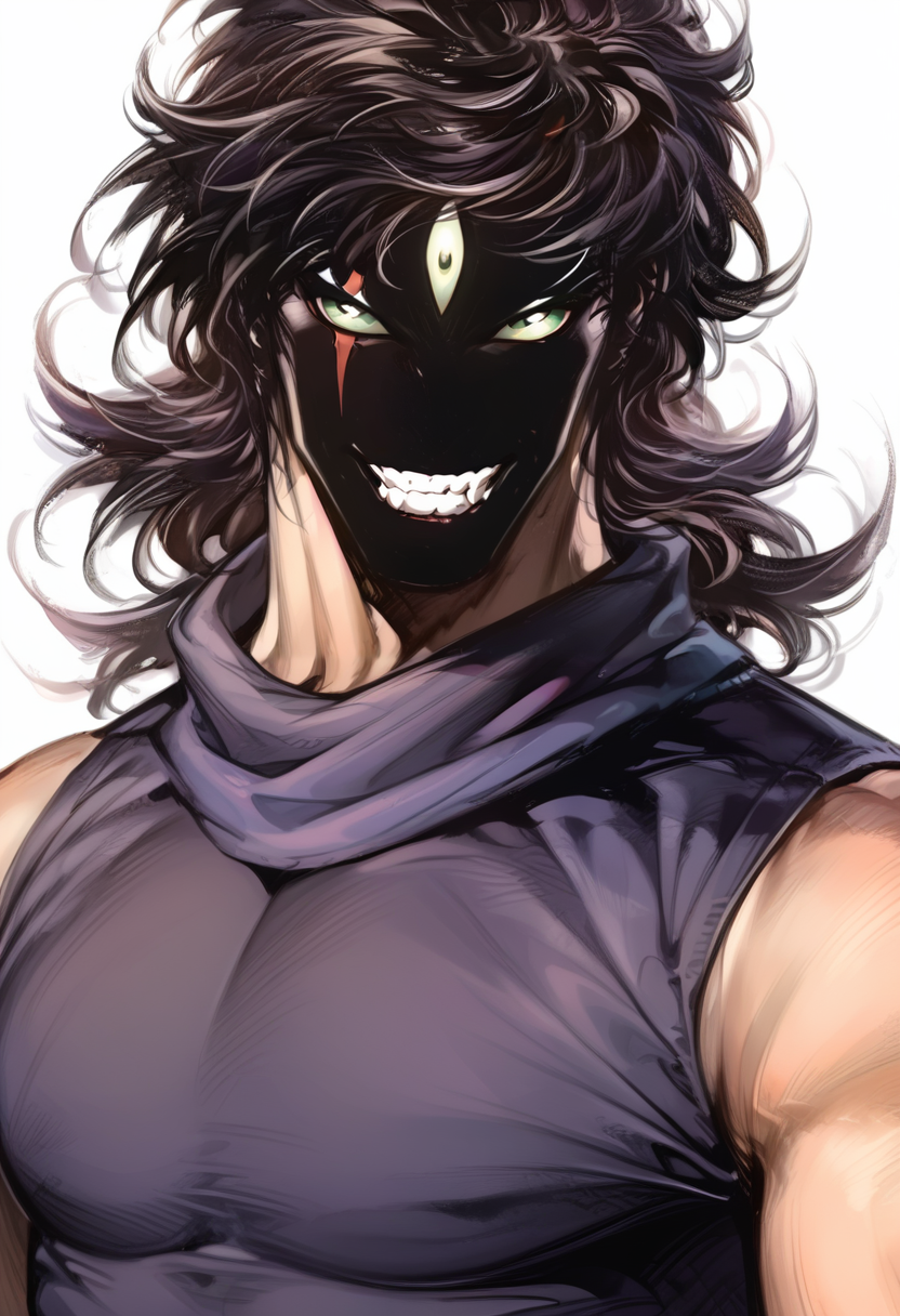 (score_9:0.9),score_8_up,score_7_up,rating_safe,anime style,(zPDXL),<lora:Dark Evil Beast ponyXL v1.5:0.87>,Dark Evil Beast,1boy,solo,male focus,smile,green eyes,grin,upper body,looking at viewer,white background,teeth, tank top, simple background,shadowed_face,