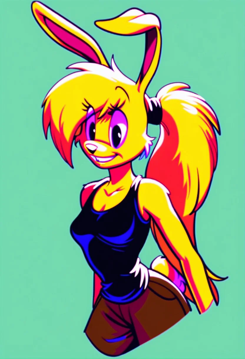 score_9, score_8_up, score_7_up, score_6_up, score_5_up, score_4_up, retro artstyle, BREAK 
LoriJackRabbitPXL, rabbit girl, long blonde hair, yellow fur,1girl, solo, animal ears, blonde hair, rabbit ears, yellow skin,black eyes, furry female, furry, smile, ponytail, upper body, colored skin, rabbit girl, simple background, personification, tank top, bare shoulders
<lora:lorijackrabbit-v1:0.9>