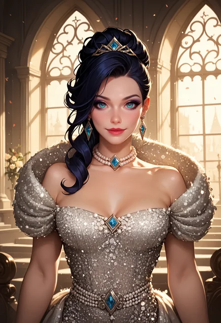 Gothic style score_9, score_8_up, score_7_up, score_6_up, adult beautiful woman, solo, indoors, standing,<lora:WMG3-69-PDXL:0.9>,Morgana (League of Legends) Black Hair, Fallen angel, dark and binding magic, pose, haute couture evening gown, (looking at viewer), strapless, neckline, forced smile expression, pearl choker, sparke, dr3ss, collarbone, . Dark, mysterious, haunting, dramatic, ornate, detailed