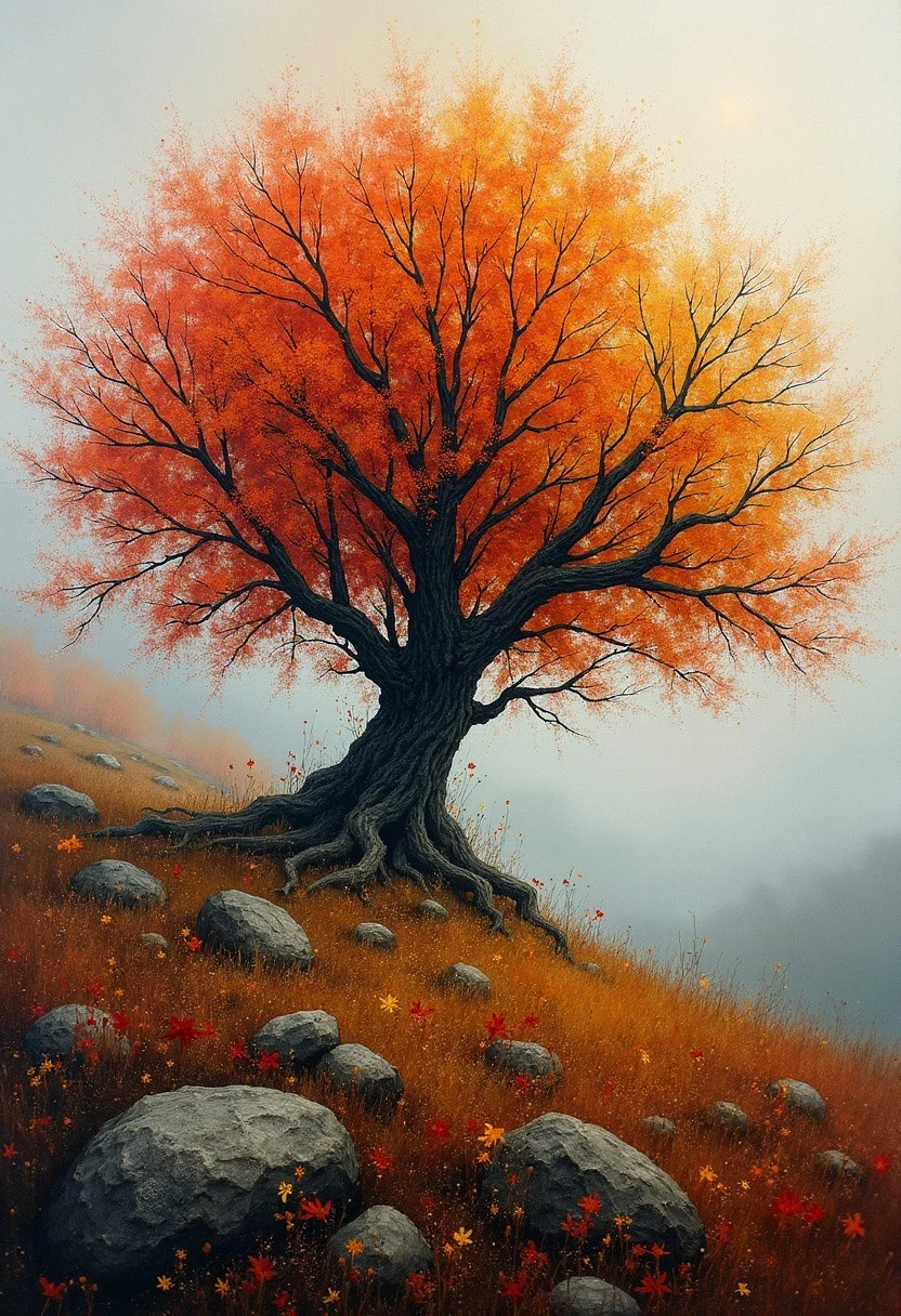 scottish landscape in autumn, by Stewart Edmondson, Thomas Wells Schaller and Nita Engle, meticulous, intricate, entangled, intricately detailed, <lora:tree world:1.0>