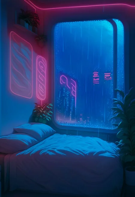 score_9,score_8_up,score_7_up,score_6_up,
steaming coffee cup on windowsill, plants on the windowsill, wall of plants, monstera plant, large plant, tidy bedrrom, small room, cramped bedroom, teddies on the bed, cyberpunk city view out of the window, neon light, purple neon lights, rain, rain outside, rain on the window, rain only in the window frame, rain only outside, cat sleeping on the bed, cat on the bed