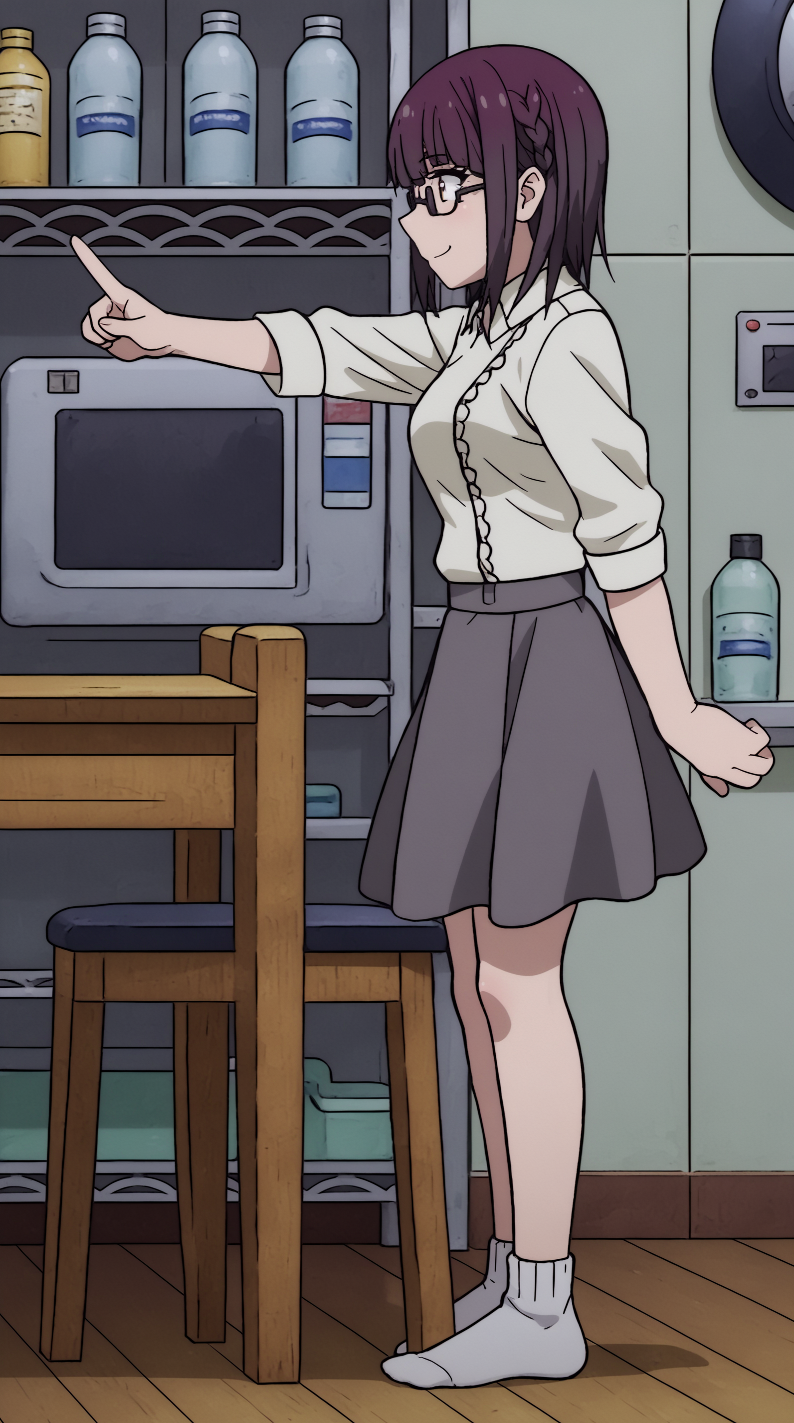 score_9, score_8_up, score_7_up, best background, detailed background, 4k, upscale, anime_source  Sumika Fujimiya, solo, smile, shirt, skirt, standing, white shirt, socks, indoors, profile, no shoes, chair, table, bottle, pointing, grey skirt, stool, refrigerator  <lora:JN_Sumika_Fujimiya_Pony:0.8>