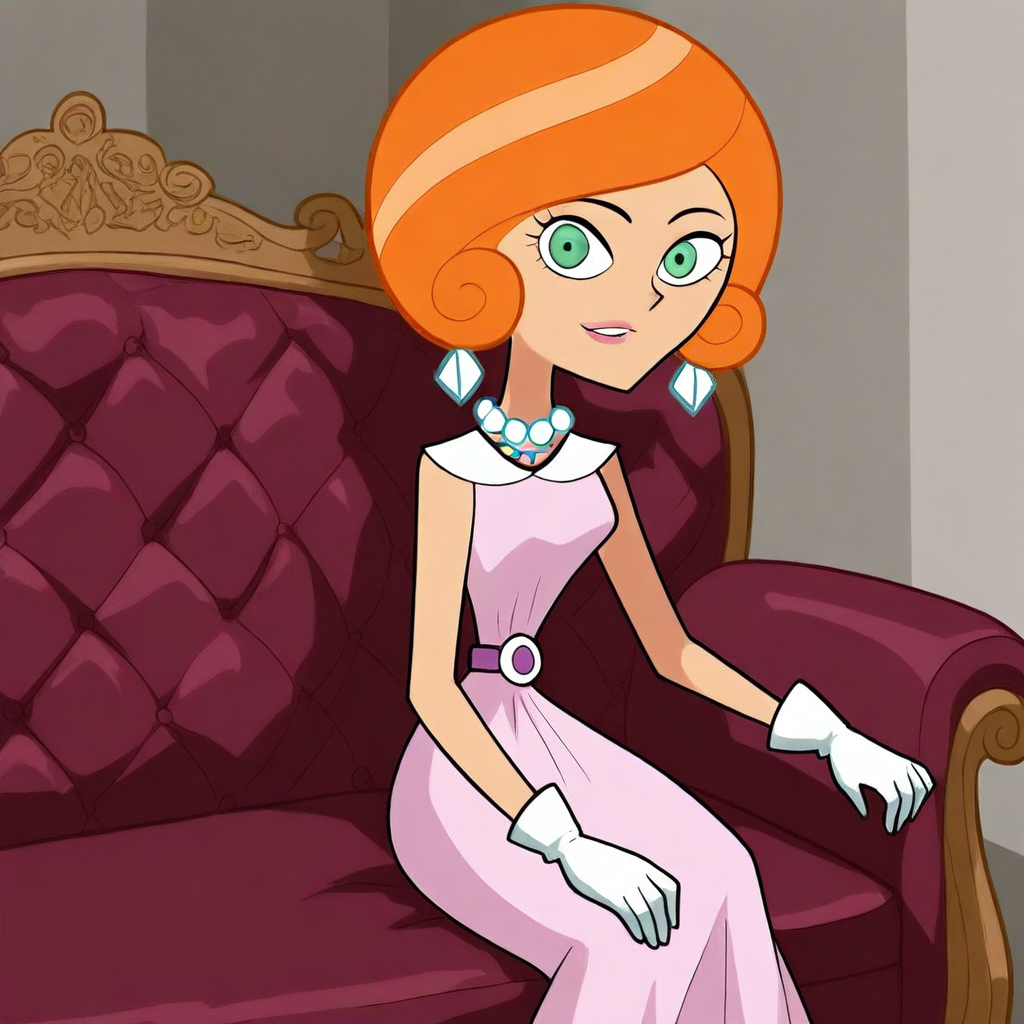 masterpiece, best quality, solo, pam_dp, orange hair, green eyes, earrings, necklace, dress, gloves, sitting, sofa, looking at viewer
