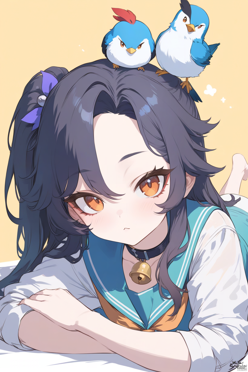 1girl, Best quality, genshin,Honkai StarRail, fkey,cutesexyrobutts,milk panda,mamimi(mamamimi),namie,milkychu,tokkyu, school uniform, blouse, bell, hair ornament, on head, on stomach, looking at viewer, :<, signature, neck bell, sidelocks, closed mouth, cosplay, yellow background, animal, shirt, serafuku, black hair, lying, long hair, orange eyes, orange neckerchief, parted bangs, green shirt, neckerchief, :3, collar, bird on head, animal on head, crossover, bird, hikari (haibakako (cosplay), simple background, choker,

masterpiece, newest, absurdres, safe