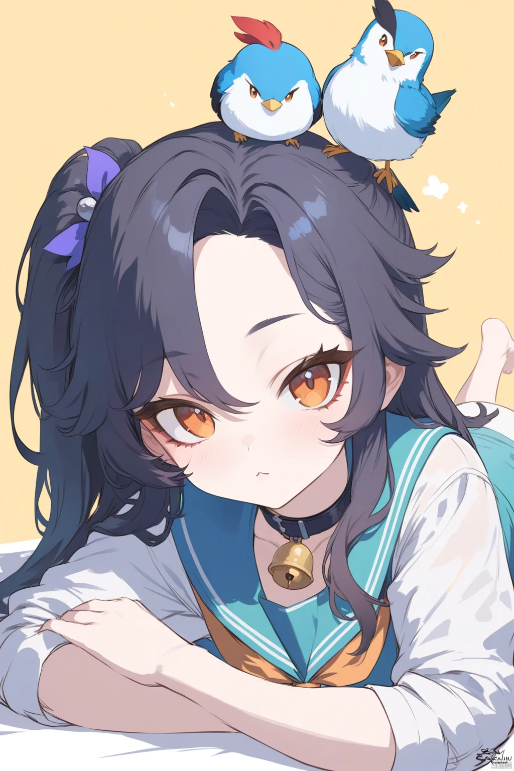 1girl, Best quality, genshin,Honkai StarRail, fkey,cutesexyrobutts,milk panda,mamimi(mamamimi),namie,milkychu,tokkyu, school uniform, blouse, bell, hair ornament, on head, on stomach, looking at viewer, :<, signature, neck bell, sidelocks, closed mouth, cosplay, yellow background, animal, shirt, serafuku, black hair, lying, long hair, orange eyes, orange neckerchief, parted bangs, green shirt, neckerchief, :3, collar, bird on head, animal on head, crossover, bird, hikari (haibakako (cosplay), simple background, choker,
masterpiece, newest, absurdres, safe