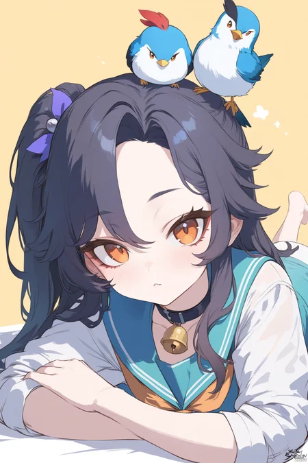 1girl, Best quality, genshin,Honkai StarRail, fkey,cutesexyrobutts,milk panda,mamimi(mamamimi),namie,milkychu,tokkyu, school uniform, blouse, bell, hair ornament, on head, on stomach, looking at viewer, :<, signature, neck bell, sidelocks, closed mouth, cosplay, yellow background, animal, shirt, serafuku, black hair, lying, long hair, orange eyes, orange neckerchief, parted bangs, green shirt, neckerchief, :3, collar, bird on head, animal on head, crossover, bird, hikari (haibakako (cosplay), simple background, choker,

masterpiece, newest, absurdres, safe