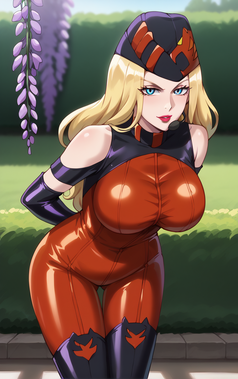 score_9, score_8_up, score_7_up, looking at viewer,  BREAK
BodySuitHat_MissX_ownwaifu,
1girl, blonde hair, long hair, lipstick, makeup, blue eyes, hat, large breasts, red lips, headset, thigh boots, eyelashes, nurse cap, 
elbow gloves, bodysuit, black gloves, bare shoulders, clothing cutout, thighhighs, gloves, skin tight, fingerless gloves, latex, red bodysuit, shiny clothes,
(leaning forward, arms behind back), cowboy shot, garden, wisteria, outdoors, <lora:PONYXL_TigerMaskX_MissX_ownwaifu:0.85> , depth of field, solo,
