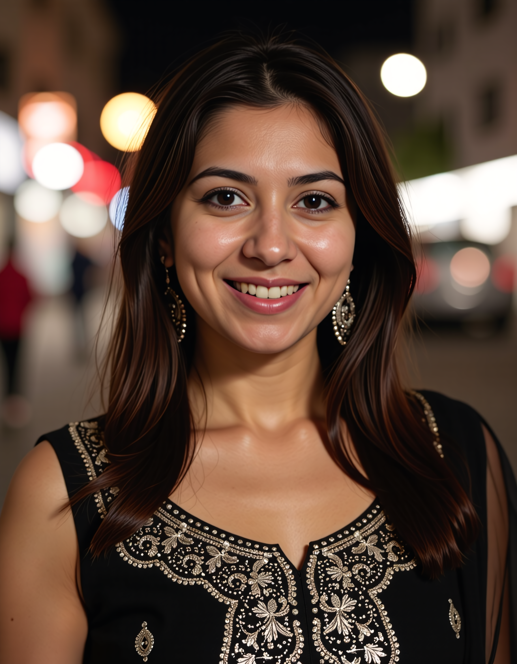 close_up photo of a well dressed desi_light woman, wearing dark-Silver colored Sharara Suit, happy,cat eyes black eyeliner,solo focus, city light in background bokeh <lora:Desi_Coffee_Flux_Kohya_LoHa_v2:0.8>âââ