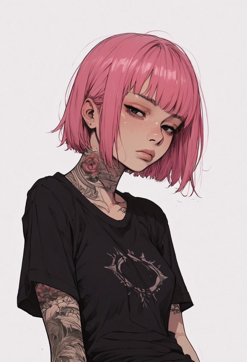 score_9, score_8_up, score_7_up, high detailed, high quality, masterpiece, no text, quality highlights, 8k detail, detailed background, source_anime, dynamic view, hentai, ultra-detailed,
...
1girl, solo, female focus, expressiveh, (young),
(warm skin), (pink hair), (black eyes), (short hair), (intrincated hair), skinny,
very small breasts, tired, exhausted,
closed mouth, (perfect slender body), thick lips,
(incredibly sexy), sexy pose, pose,
(tired expression), ((tattoos)),
...
((black t-shirt)), ((band-logo on t-shirt)),
eyes wide, looking at viewer, sitting,
posing, side view,
arms at sides, focus on face,
...
(((white background)))