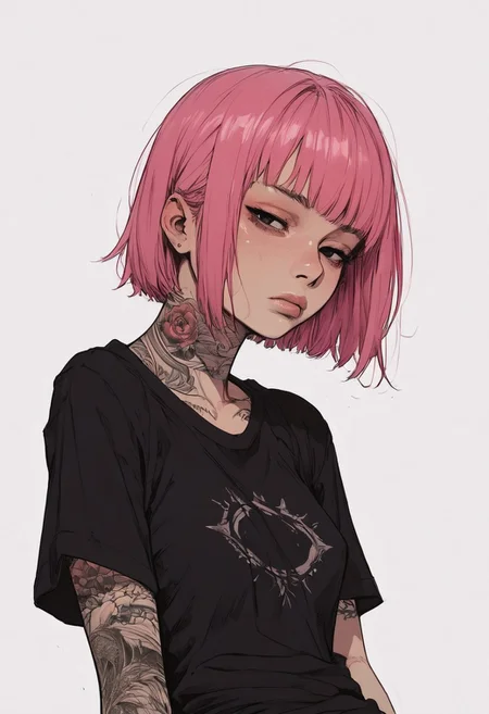 score_9, score_8_up, score_7_up, high detailed, high quality, masterpiece, no text, quality highlights, 8k detail, detailed background, source_anime, dynamic view, hentai, ultra-detailed,
...
1girl, solo, female focus, expressiveh, (young),
(warm skin), (pink hair), (black eyes), (short hair), (intrincated hair), skinny,
very small breasts, tired, exhausted,
closed mouth, (perfect slender body), thick lips,
(incredibly sexy), sexy pose, pose,
(tired expression), ((tattoos)),
...
((black t-shirt)), ((band-logo on t-shirt)),
eyes wide, looking at viewer, sitting,
posing, side view,
arms at sides, focus on face,
...
(((white background)))