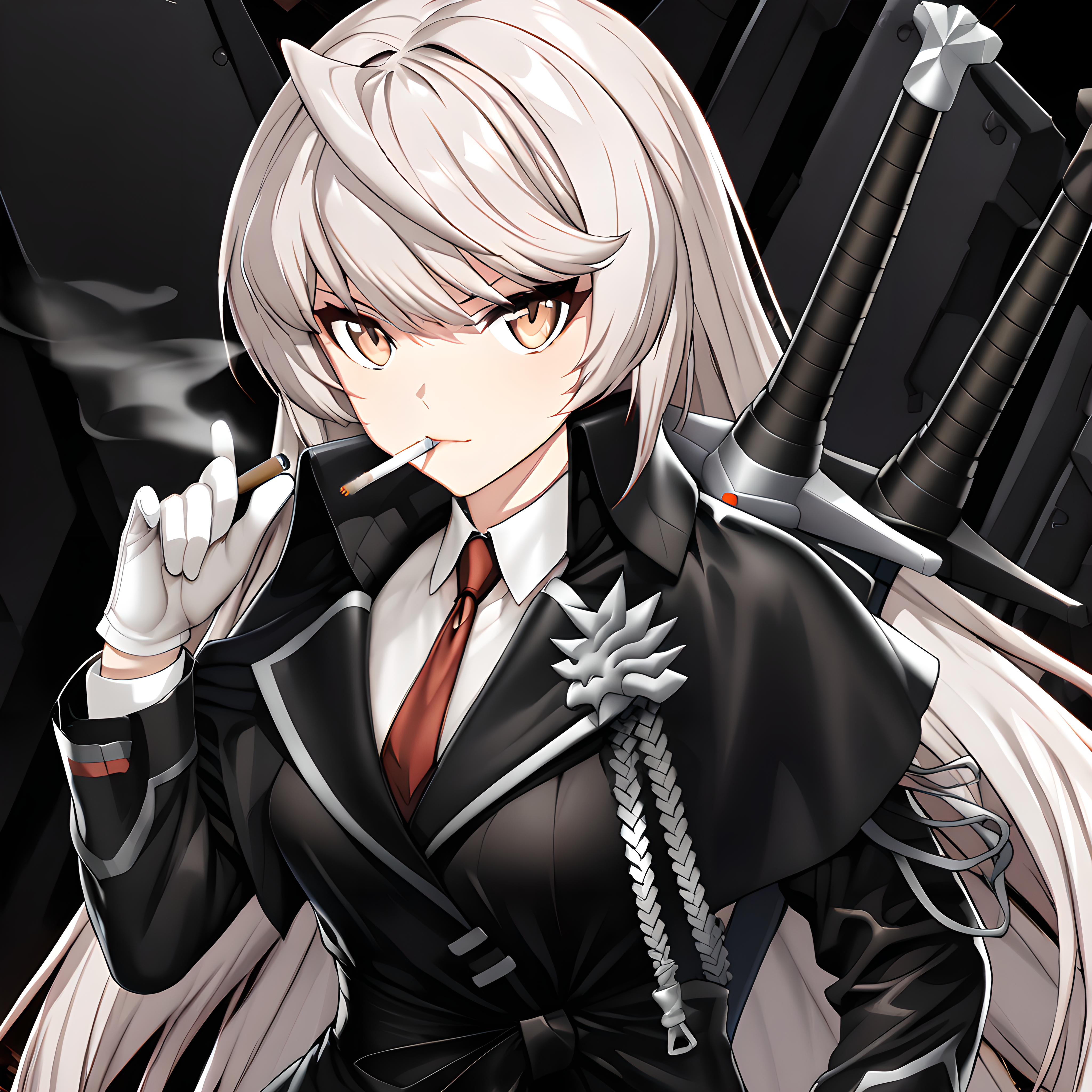 (masterpiece),(best quality),(ultra-detailed),(best illustration),(best shadow),(absurdres),(detailed background),(very aesthetic), hilde, fenrirsquad, 1girl, gloves, long hair, necktie, red necktie, white gloves, solo, weapon, black market background, looking at viewer, smoking, cigarette at mouth,  <lora:Hilde_-_CounterSide_SDXL_Animagine_XL_3.1:1>