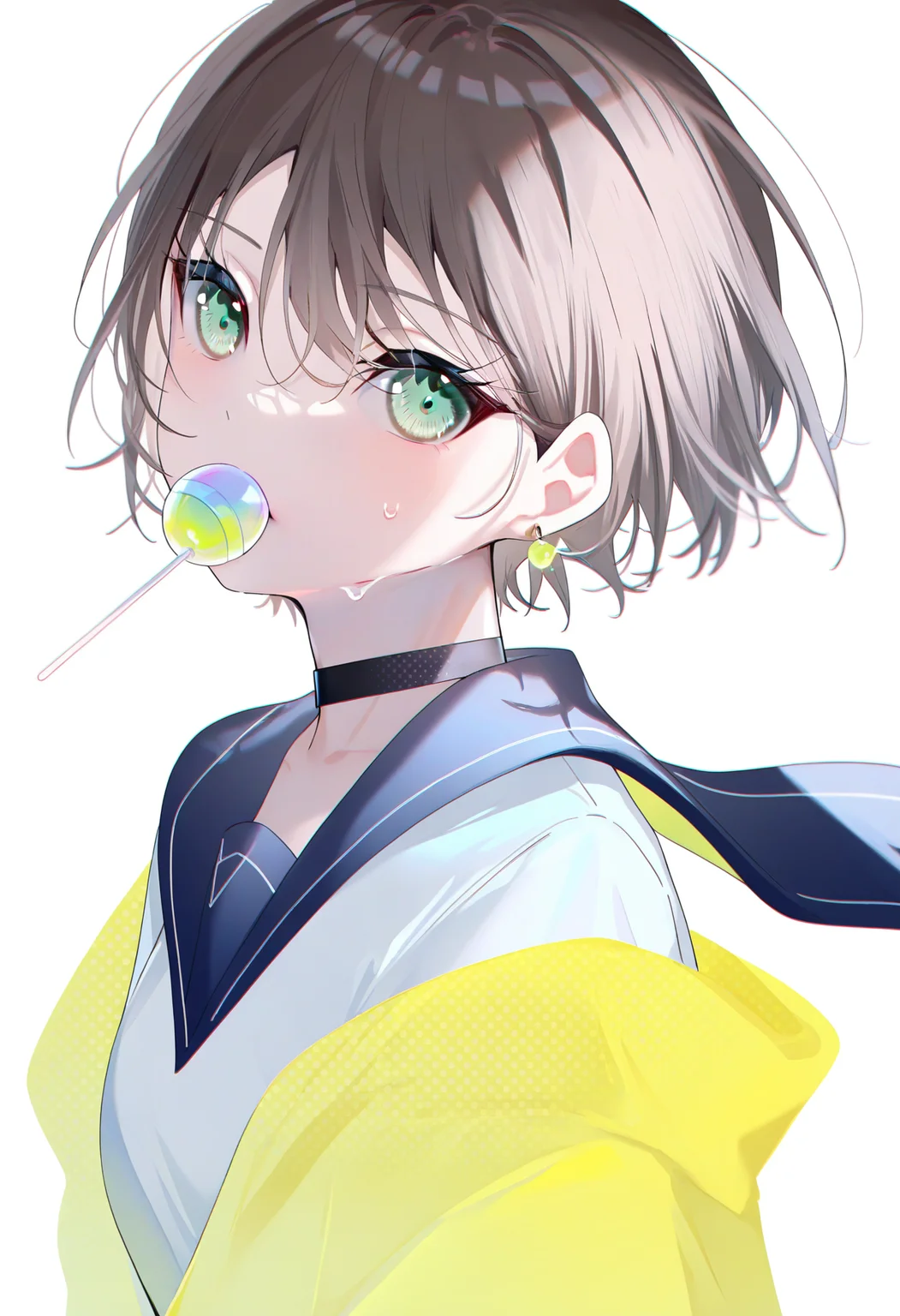 <lora:Rag:1>, best quality, masterpiece, miwano rag, 1girl, food in mouth, green eyes, lollipop, brown hair, candy, black choker, looking at viewer, jewelry, yellow jacket, white background, blue sailor collar, short hair, upper body, earrings, simple background, school uniform, serafuku, white shirt, off shoulder, hair between eyes, sweat, mouth hold, looking back