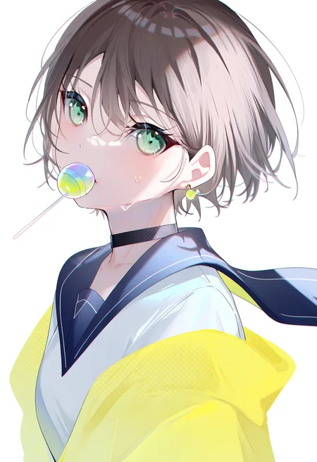 <lora:Rag:1>, best quality, masterpiece, miwano rag, 1girl, food in mouth, green eyes, lollipop, brown hair, candy, black choker, looking at viewer, jewelry, yellow jacket, white background, blue sailor collar, short hair, upper body, earrings, simple background, school uniform, serafuku, white shirt, off shoulder, hair between eyes, sweat, mouth hold, looking back