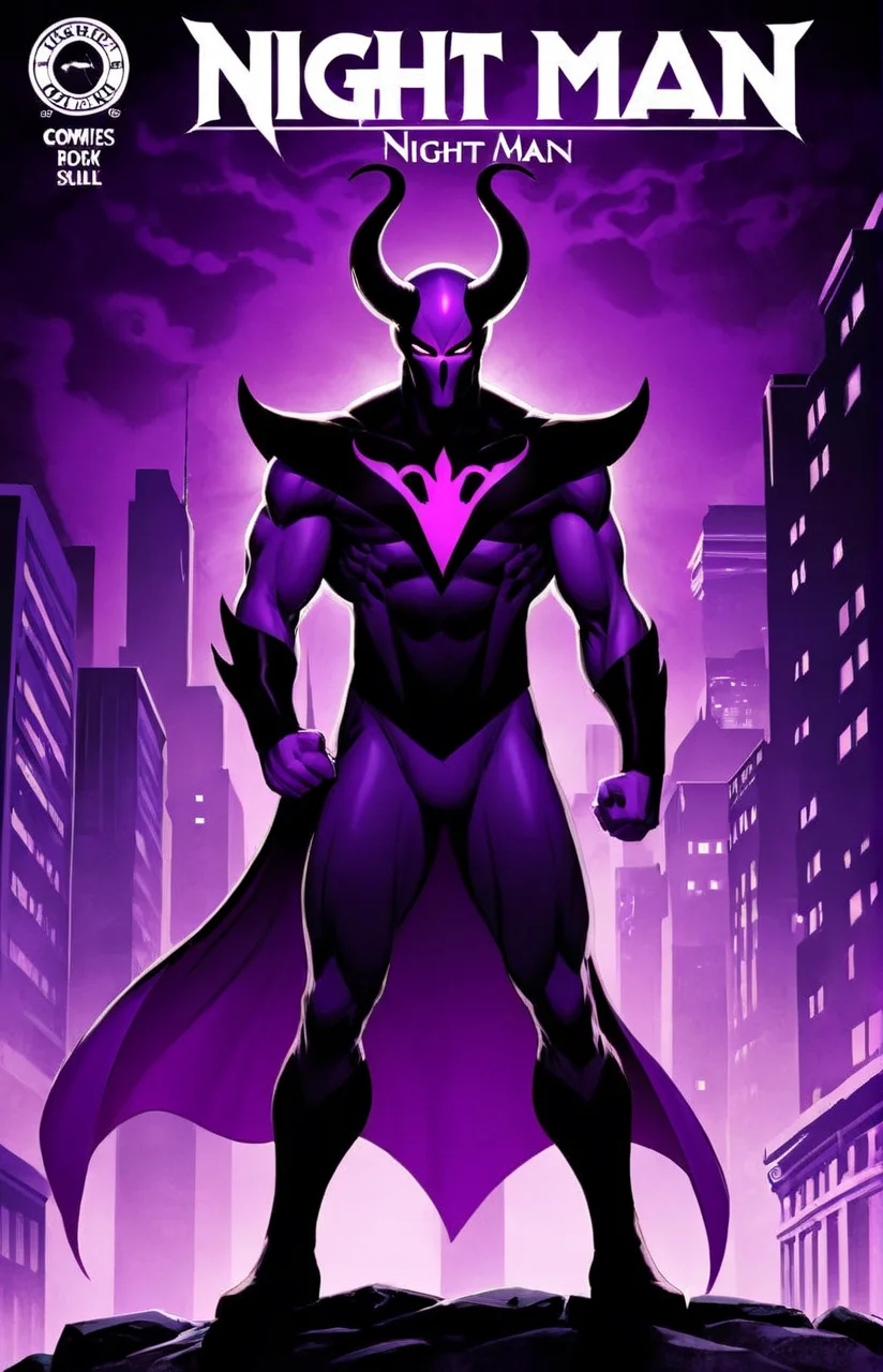a comic book cover of a villain in a purple costume with dark powers, evil, city, text " Night-Man ", outline, best quality, masterpiece, <lora:cbcmkrsdxl:1>, cbcmkrsdxl, comics logo, horns,