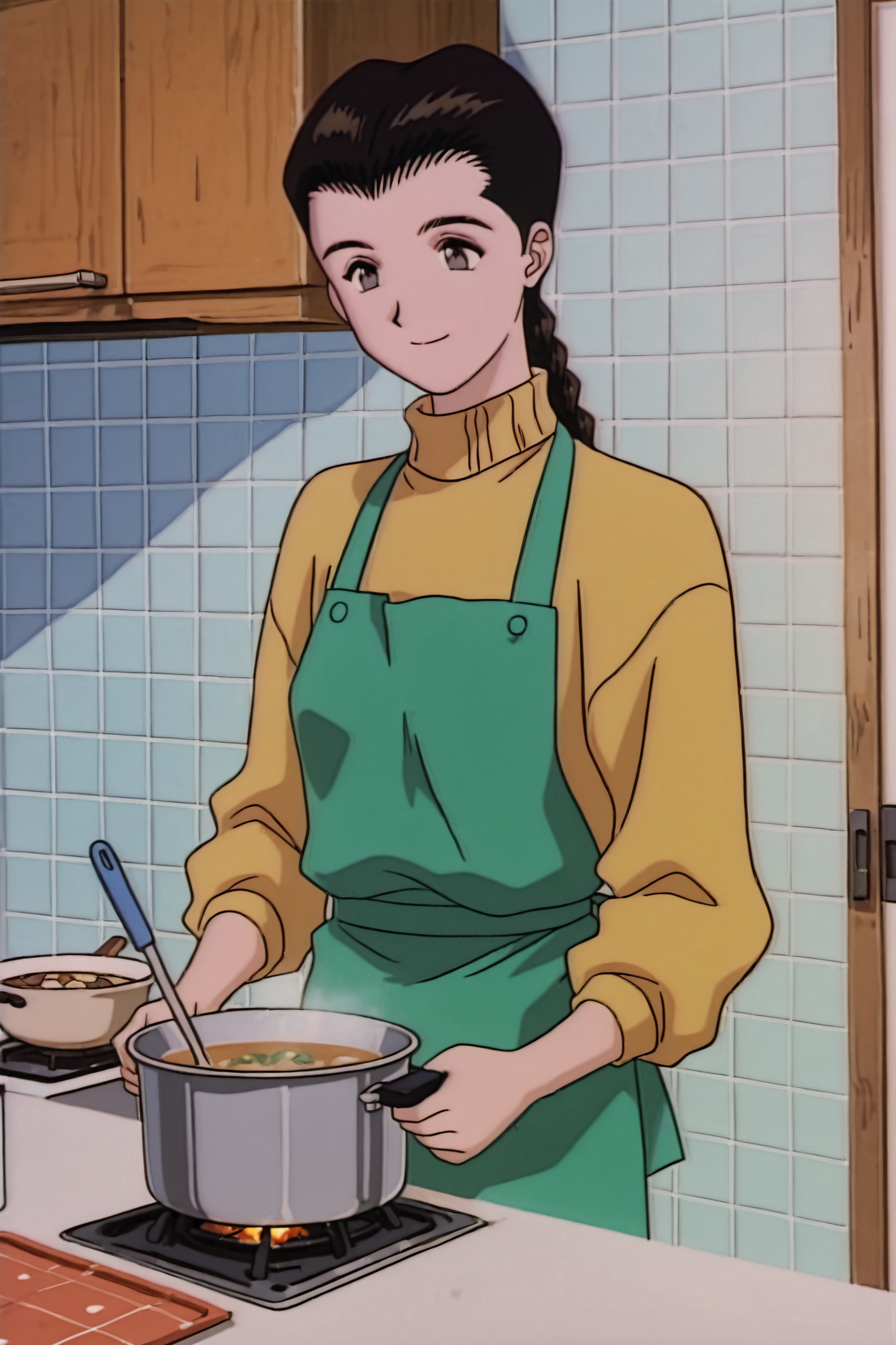 Noriko,1girl,solo,apron,black hair,kitchen,indoors,cooking pot,green apron,turtleneck,tile wall,smile,twin braids,1990s \(style\),soup ladle,
<lora:Golden Boy_illustriousXL:1>,