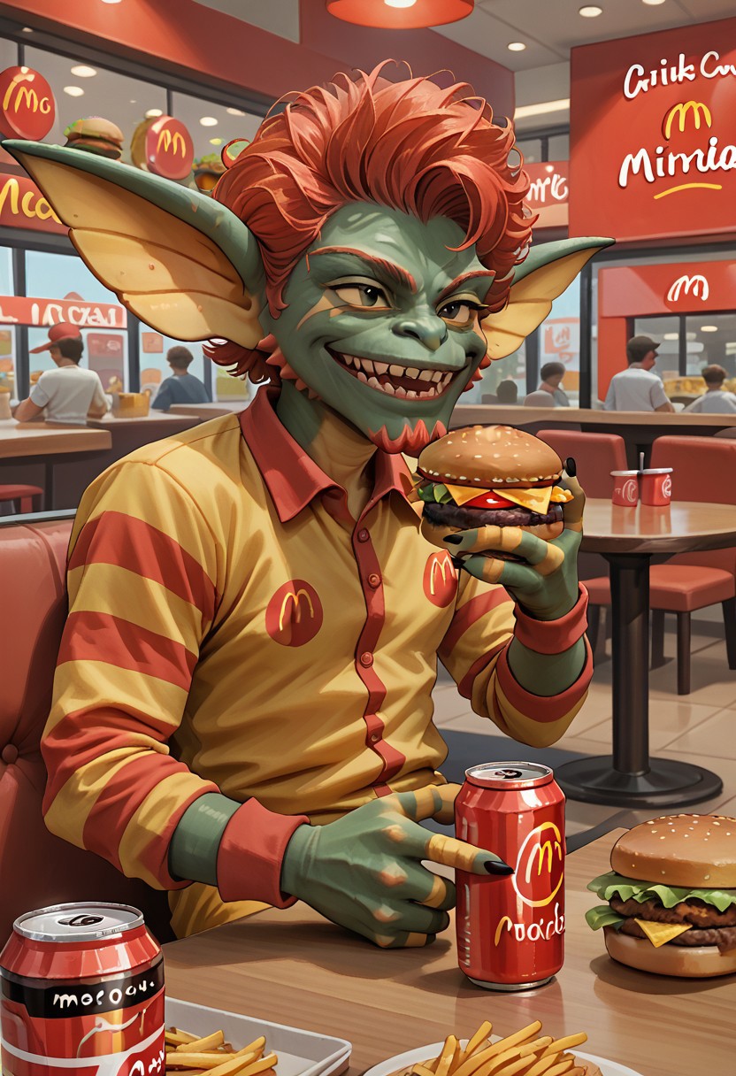 score_9, score_8_up, score_7_up, stripe, gremlin, ronald_mcdonald, hamburger, restaurant, coke can,