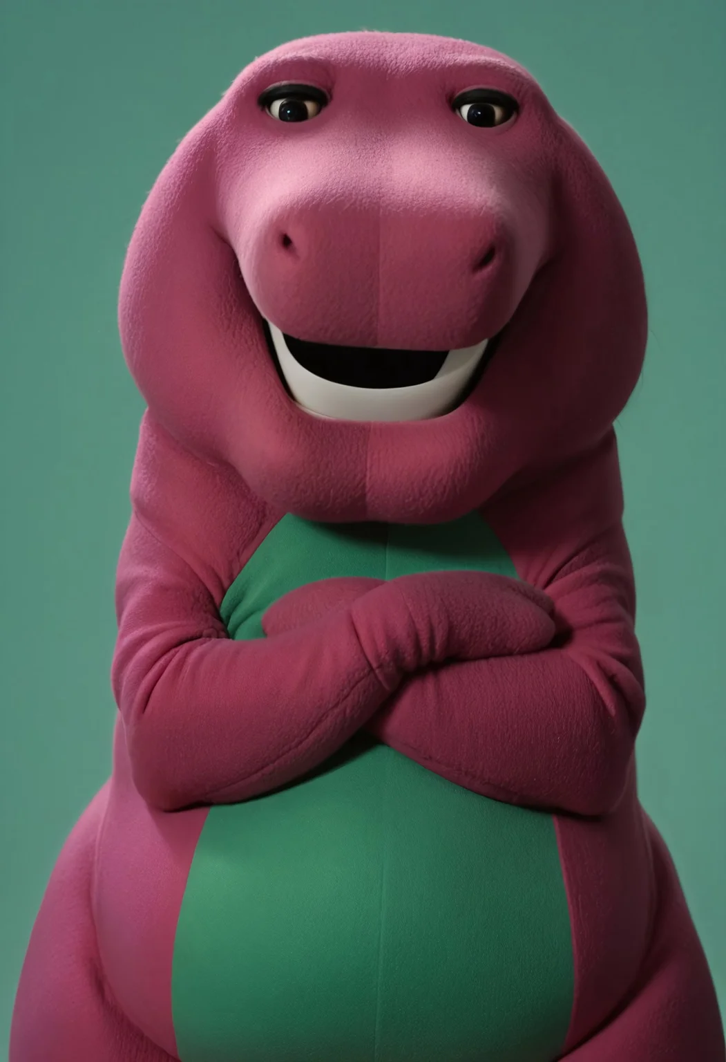 barneydinosaur, score_9, score_8_up, score_7_up, score_6_up, score_5_up, score_4_up, source_furry, hi res, sfw, photorealistic, realistic, photo, solo, 1boy,
anthro, biped, dinosaur, scalie, tyrannosaurus rex, purple body, green belly, fat, chubby, mascot suit, plush costume, white teeth, black eyes, short arms, (two fingers),
Looking at the viewer, angry, very angry expression, furious expression, arms crossed, closed mouth,
green background, simple background