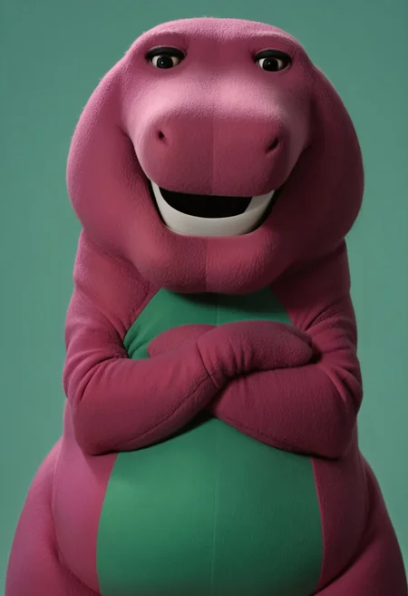 barneydinosaur, score_9, score_8_up, score_7_up, score_6_up, score_5_up, score_4_up, source_furry, hi res, sfw, photorealistic, realistic, photo, solo, 1boy,
anthro, biped, dinosaur, scalie, tyrannosaurus rex, purple body, green belly, fat, chubby, mascot suit, plush costume, white teeth, black eyes, short arms, (two fingers),
Looking at the viewer, angry, very angry expression, furious expression, arms crossed, closed mouth,
green background, simple background