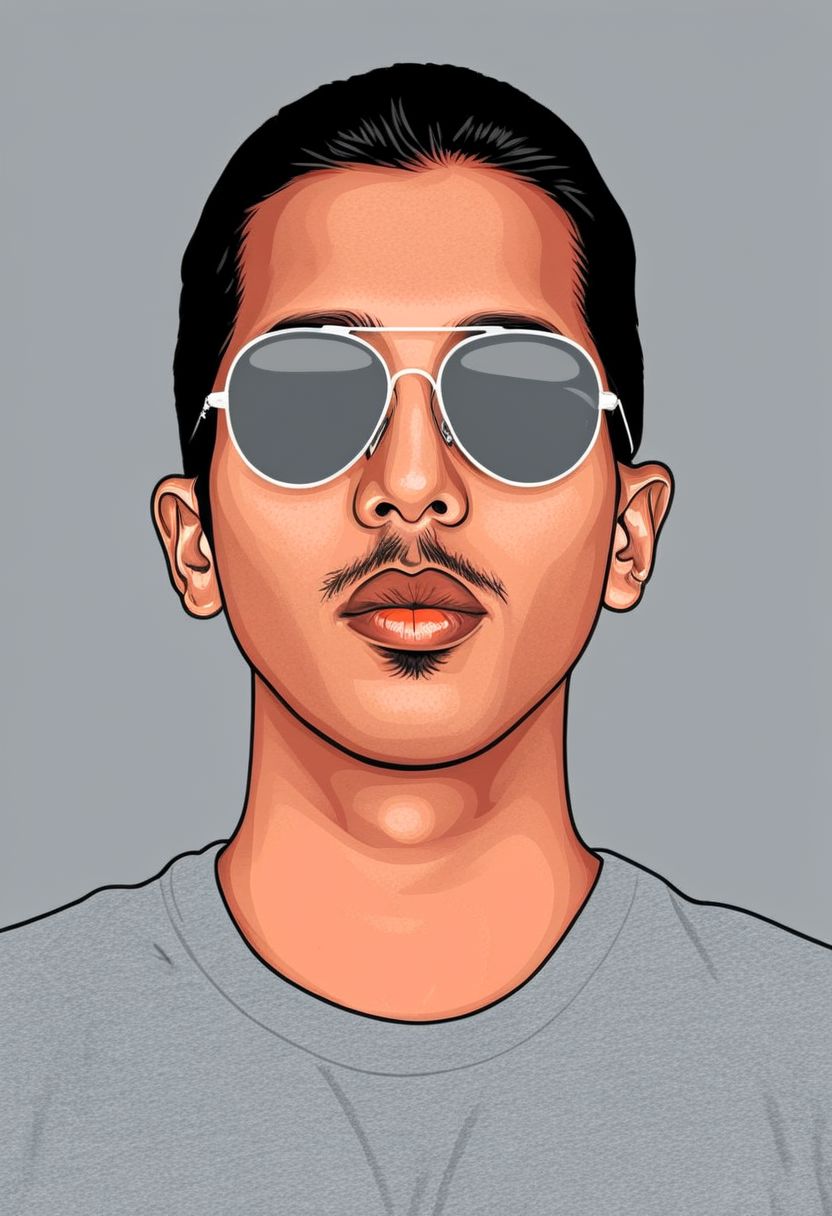psztzz, solo, red background, 1boy, male focus, black hair, simple background, portrait, colored skin, sunglasses, shirt, grey skin, black shirt, portrait, vector art, flat coloring, cel shaded, cel shading, illustration, vector illustration, vector coloring
