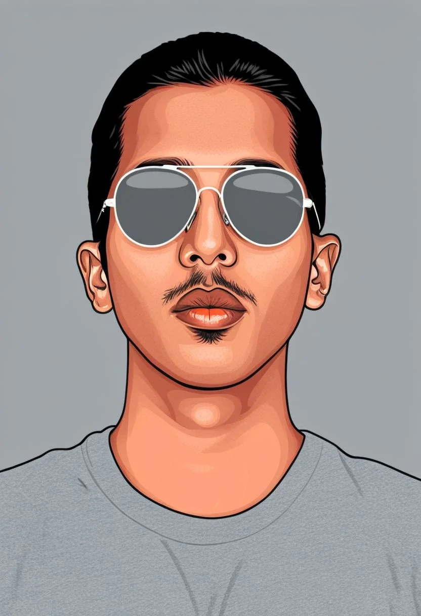 psztzz, solo, red background, 1boy, male focus, black hair, simple background, portrait, colored skin, sunglasses, shirt, grey skin, black shirt, portrait, vector art, flat coloring, cel shaded, cel shading, illustration, vector illustration, vector coloring