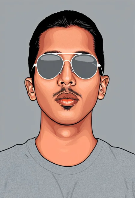 psztzz, solo, red background, 1boy, male focus, black hair, simple background, portrait, colored skin, sunglasses, shirt, grey skin, black shirt, portrait, vector art, flat coloring, cel shaded, cel shading, illustration, vector illustration, vector coloring