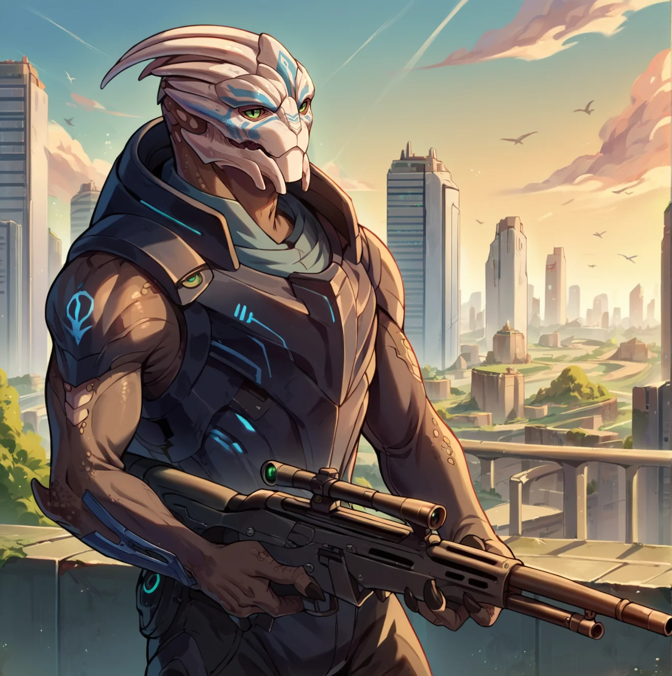 score_9, score_8_up, score_7_up, score_6_up, score_5_up, score_4_up, METurianM, 1boy, horns, alien, green eyes, blue facepaint, black armor, black jumpsuit, sniper rifle, scope, city skyline, daylight, utopia, science fiction, <lora:METurianPonyV6MF-03:1>