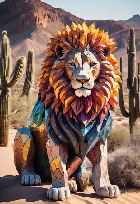 An awe-inspiring elemental lion made out of colorful stone in an arid desert, sand, cactus, sun, , rocks, prismatic, cinematic, colorful, style-nebmagic