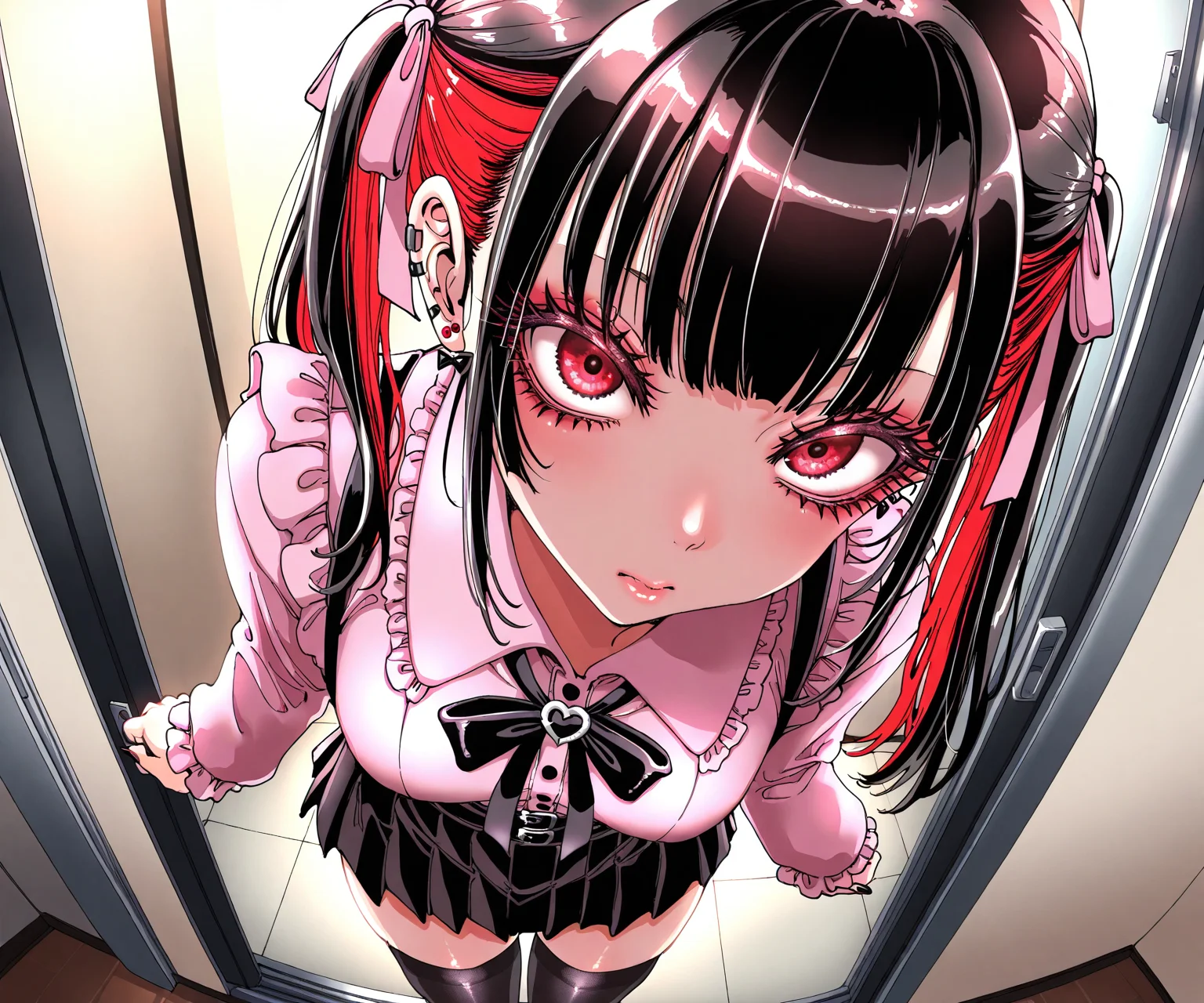 masterpiece, best quality, amazing quality, , 1girl, looking at viewer, jirai kei, twintails, two-tone hair, mascara, eyelashes, red_eyes, collared shirt, pink shirt, pink ribbon, bowtie, skirt, black thighhighs, standing, <lora:Amane-san style ILL-v2.1:1> amanesan