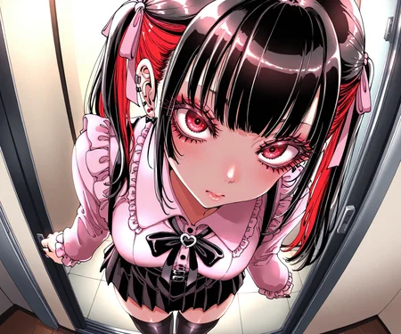 masterpiece, best quality, amazing quality, , 1girl, looking at viewer, jirai kei, twintails, two-tone hair, mascara, eyelashes, red_eyes, collared shirt, pink shirt, pink ribbon, bowtie, skirt, black thighhighs, standing, <lora:Amane-san style ILL-v2.1:1> amanesan