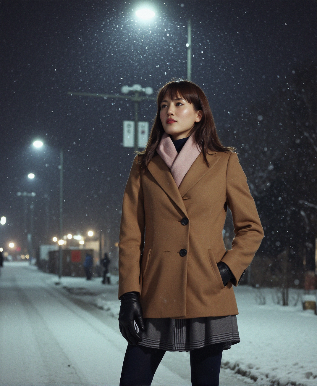 An analog photo of (sks woman:1), Japan, The First Snow
Snow falls softly over the quiet side streets of her neighborhood, gathering on park benches, bicycle seats, and low tile rooftops. She pauses under a streetlamp, her brown blazer dusted with white, her scarfâa pale pink wool knitâwrapped snugly around her neck.
Her uniform is winter-standard: gray skirt with navy stripes, navy knee-high socks, and black leather gloves gripping her bag strap. Puffs of breath drift into the cold air as she looks up, blinking flakes from her lashes.
All around her, the world is hushed, blanketed, magical.
Tomorrow, the snow will melt.
But tonight, itâs just hers.