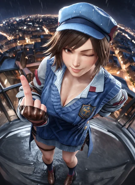 masterpiece, best quality, very aesthetic, absurdres, 1girl, asuka, brown hair, looking at viewer, hat, brown eyes, full body, fingerless gloves, socks, one eye closed, pov, smile, from above, city, rain, night, wet, cleavage, fisheye, middle finger, <lora:asuka_animagineXLV31:0.8>