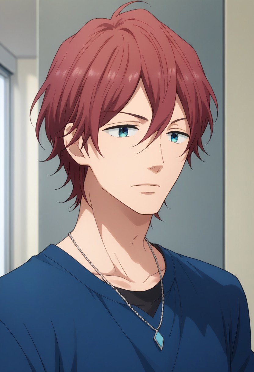 score_9, score_8_up, score_7_up, source_anime, highly detailed, 
tomoya, 1boy, solo, male focus, red hair, blue eyes, jewelry, necklace, shirt, blue shirt, long sleeves, pants, upper body