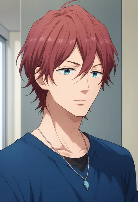 score_9, score_8_up, score_7_up, source_anime, highly detailed,
tomoya, 1boy, solo, male focus, red hair, blue eyes, jewelry, necklace, shirt, blue shirt, long sleeves, pants, upper body
