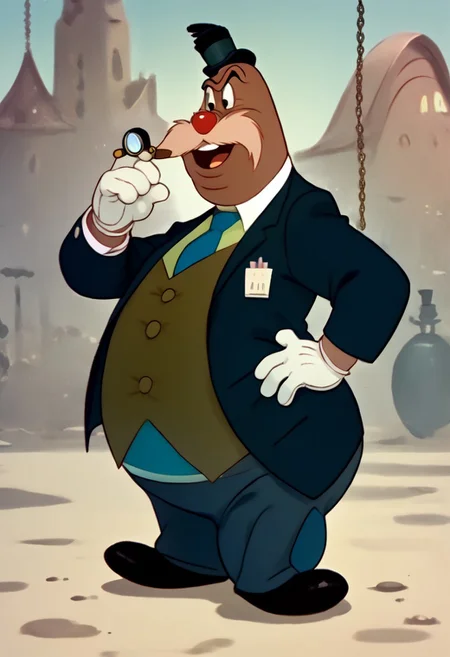 <lora:Honestjohngusherpony1.0:0.5> honest john gusher as a walrus, fat, overweight, walrus tusks, squinting eyes, smile, solo, 1boy, male focus, <lora:pony_monocles-step00000800:1>,(monocle),round eyewear, top hat,, suit, gloves, furry male, mustache, necktie, a robber-baron wearing a monocle on a chain on his left eye, top hat, white shirt, black vest from 1900 holding a pocketwatch, standing, score_9, score_8_up, score_7_up, score_6_up, score_5_up, score_4_up, looking at other, hand on own hip, cowboy shot, 1930's toon city,