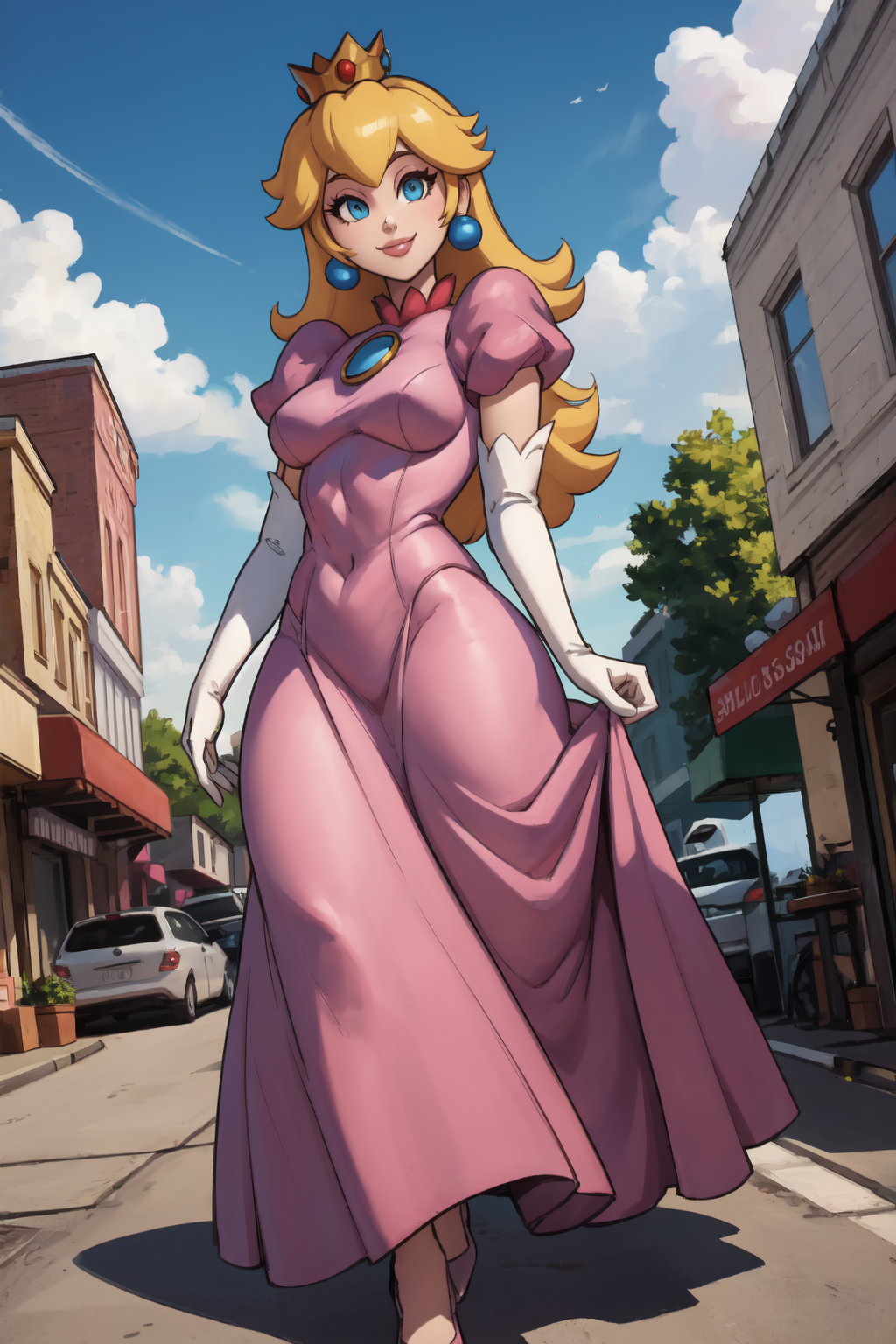 1girl, (solo:1.2), (curvy:1.2), (masterpiece:1.2), (best quality:1.2), (perfect anatomy:1.4), (posing:1.5), (confident:1.2), smile
<lora:Zako (Arvinry) [MockAi - v1.0]:0.8> zako, (plump:1.2), sketchy lineart, thick lineart, colorful, shiny skin, (huge breasts:1.2), (cowboy shot:1.2), <lora:Mario - Peach [Numeratic - v1.0]:1> princess peach, blonde hair, crown, long hair, (pink dress:1.5), (long dress:1.2), covered breasts, princess, short puffy sleeves, brooch, elbow gloves, (white elbow gloves:1.2), (small town:1.3), street, daylight, blue sky, western architecture