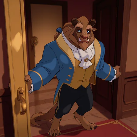 masterpiece, best quality, amazing quality, beastBaTBil, anthro, male, Chimera, brown fur, horns, blue eyes, tail, blue jacket gold trim, black pants, gold vest, white ascot, ponytail with blue bow, standing, looking at viewer, <lora:c7f2d66f-5813-4d76-a905-0da34513affe:1.0>