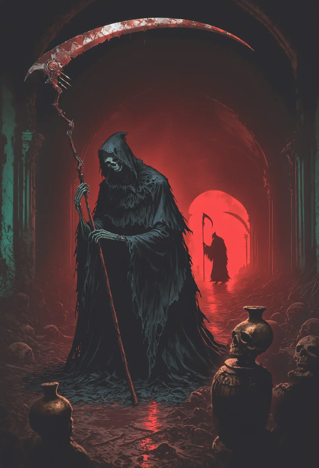 vermis, horror art, masterpiece, best quality, absurdres, amazing quality, very aesthetic, undead, grim reaper, black cloak, tattered robes, holding rusty scythe, dynamic pose, dynamic composition, arched tunnel, tunnel create a sense of depth and confinement, dark, catacombs, burial urn, red, glow, volumetric lighting, somber, ominous atmosphere, decay, shadowy, lazypos