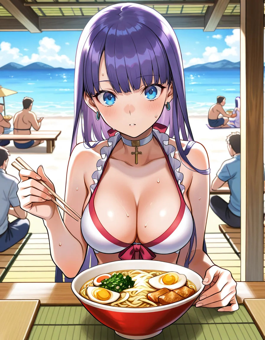 score_7_up, anime BREAK official art, solo, 1girl, one girl,
Martha, Martha\(Fate\), long hair, purple hair, blue eyes, white bikini, frills, choker, cross, <lora:Martha_XL:0.8>,
<lora:uminoie:1>, uminoie,
multiple girls, multiple boys, sitting, food, shop, low table, tatami mat, goza, chopsticks, ramen, roof, beach,
(masterpiece:1.3), best quality, high resolution, unity 8k wallpaper, extremely detailed CG, 8K, (watercolor \(medium\), muted color, sketch:1.1), perfect anatomy, highly finished, masterpiece, best quality, high quality, amazing quality, great quality, very aesthetic, ultra detailed, highres, absurdres, highly detailed, highly detailed background,