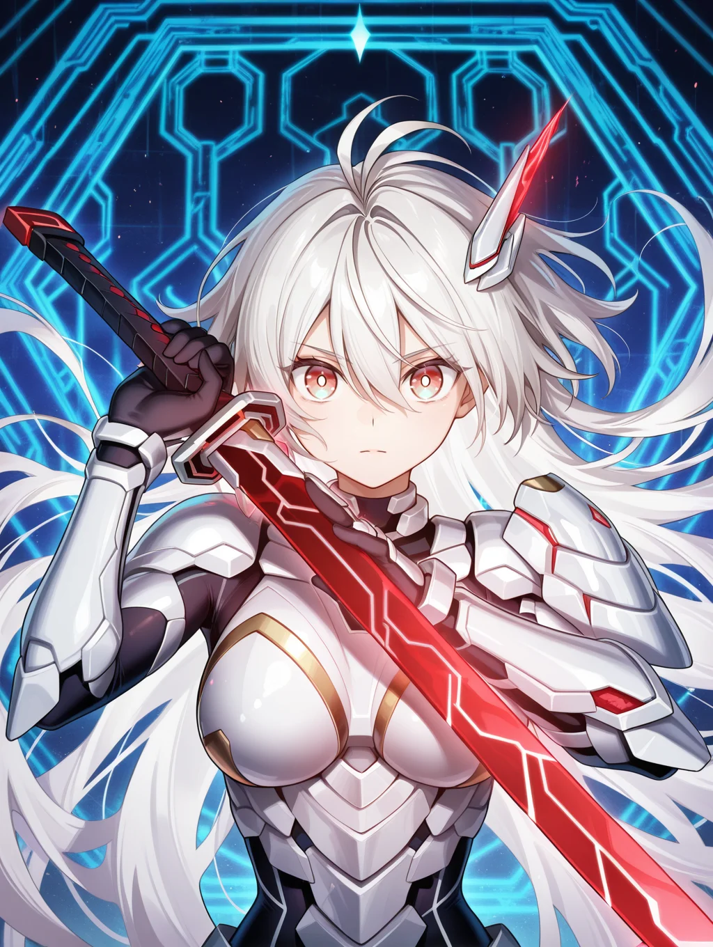 sky striker ace = zero,white armor,1girl,solo,upper body,looking at viewer,glowing,white pupils,floating hair,floating object,black bodystocking,holding red sword,red sword,floating shoulder armor,blue honeycomb \(pattern\),white hair ornament,white gauntlets,facing viewer,
masterpiece,best quality,amazing quality,very aesthetic,absurdres,newest,<lora:Sky striker ace - Raye illusXL v1:0.75>,