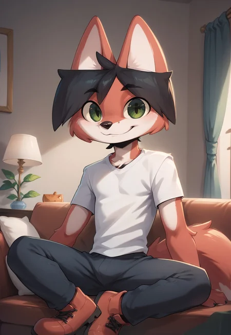 score_9, score_8_up, score_7_up, score_6_up, score_5_up, score_4_up, lisris, 1boy, solo, anthro fox, black hair, furry male, green eyes, red body, shirt, pants, boots, room, sit on sofa, vector, flat colors,  4k, ultra detailed, 4fingers, happy, cross-legged