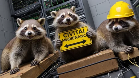 flux-style, a sign on the wall "under maintenance", three technician raccoons sitting on a pile of computer parts, drizzling sparks, scared expression, (shrugging:1.2), fixating the viewer, wearing an overall, wearing a "CIVITAI" helmet, in the data center, dutch angle shot, realistic photograph, pin sharp photography, best quality, masterpiece, extremely detailed, 8K <lora:Flux-style-xl-lora:0.25> <lora:add-detail-xl:2>