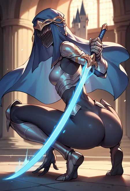 score_9, score_8_up, score_8, source_anime, <lora:DancerOTBV:0.69> 1girl, faceless, armor, helmet, dark blue veil, gauntlets, colored skin, black skin, small breasts, slim waist, slender arms, big ass, looking at viewer, crouching, holding, holding sword, blue energy sword,
castle background, blurry background,